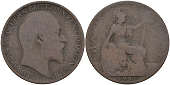 Великобритания 1/2 пенни 1907 Эдуард VII (1901-1910) KM 793.2, Spink 3991 бронза 4146-122