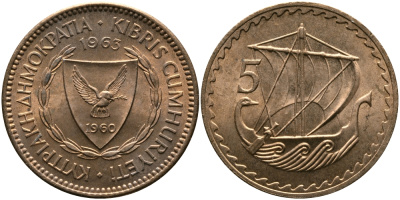 Кипр 5 милсов 1963 парусник KM 39 бронза aUNC 33-747