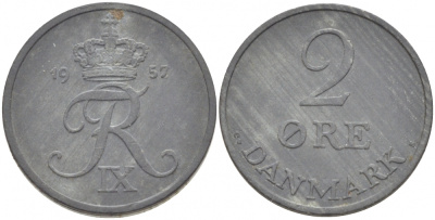 Дания 2 эре 1957 C; S, Фредерик IX (1947-1972) KM 840.2 цинк 87-1427
