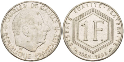 ФРАНЦИЯ 1 ФРАНК 1988 ШАРЛЬ ДЕ ГОЛЛЬ, 30 ЛЕТ РЕСПУБЛИКЕ KM 943, LE FRANC 227.2 никель 4551-633
