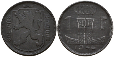 Бельгия 1 франк 1946 Belgie - Belgique KM 128 цинк 67-1117