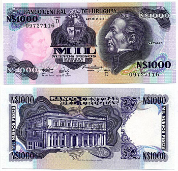 Уругвай 1000 новых песо 1992 серия D, Хосе Хервасио Артигас Pick 64A b бумага UNC (пресс) 8616-45-1-1