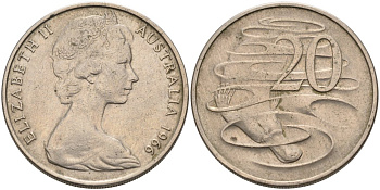 Австралия 20 центов 1966 Елизавета II (1952-2022), утконос KM 66 медно-никель 4572-624