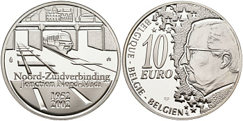 Бельгия 10 евро 2002 50 лет открытию железнодорожной ветки Норд-Миди около Брюсселя KM 233 серебро PROOF 02-117-56