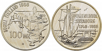 Финляндия 100 марок 1998 Свеаборг, бастионная система укреплений на островах близ Хельсинки, корабли KM 88 серебро UNC 01-148-32