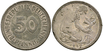 ФРГ 50 ПФЕННИГОВ 1950 J KM 109.1, J. 384 медно-никель 75-528