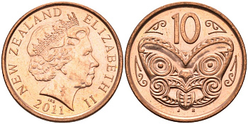 Новая Зеландия 10 центов 2011 маска Маори, Елизавета II (1952-) KM 117а сталь плакированная медью 202-955