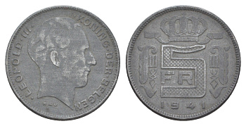 Бельгия 5 франков 1941 Belgen, Леопольд III (1934-1951) KM 130 цинк 4539-114