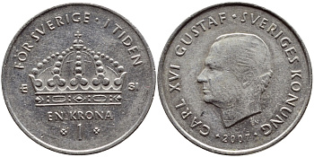 Швеция 1 крона 2007 Карл XVI Густав (1973- ) KM 894 медно-никель 176-956