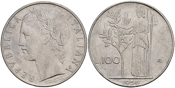 Италия 100 лир 1956 R, Афина у оливкого дерева KM 96.1 нержавеющая сталь 4131-823