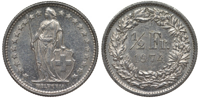 Швейцария 1/2 франка 1974 KM 23а.1 медно-никель 4124-537