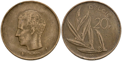 Бельгия 20 франков 1980 Belgie, Бодуэн I (1951-1993) KM 160 никель бронза 4599-216