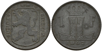 Бельгия 1 франк 1942 Belgique - Belgie, Леопольд III (1934-1947), германская оккупация, Вторая мировая война KM 127 цинк 4161-425
