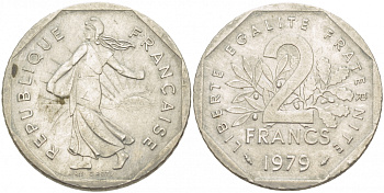 ФРАНЦИЯ 2 ФРАНКА 1979 СЕЯТЕЛЬ KM 942.1, LE FRANC 272.3 никель 4402-1135