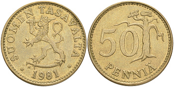 ФИНЛЯНДИЯ 50 ПЕННИ 1981 K KM 48 алюминиевая бронза 4556-222