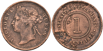 Стрейтс-Сетлментс 1 цент 1873 Виктория (1837-1901), Ост-Индская компания KM 9 медь 4590-316