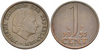 Нидерланды 1 цент 1951 Юлиана (1948-1980) КМ 180 бронза 3457-1265