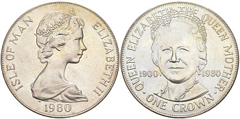Остров Мэн 1 крона 1980 80 лет королеве Елизавете, королеве-матери KM 68 медно-никель UNC 118-1225