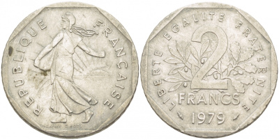 ФРАНЦИЯ 2 ФРАНКА 1979 СЕЯТЕЛЬ KM 942.1, LE FRANC 272.3 никель 4402-1135
