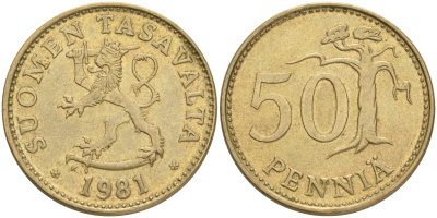 ФИНЛЯНДИЯ 50 ПЕННИ 1981 K KM 48 алюминиевая бронза 4556-222