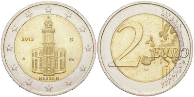 ФРГ 2 евро 2015 A, Церковь Св. Павла во Франкфурт-на-Майне, Гессен KM 336 биметал UNC 4150-1254