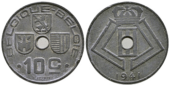 БЕЛЬГИЯ 10 САНТИМОВ 1941 BELGIQUE-BELGIE, ГЕРМАНСКАЯ ОККУПАЦИЯ, ВТОРАЯ МИРОВАЯ ВОЙНА KM 125 цинк 177-1023