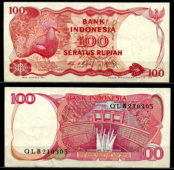 Индонезия 100 рупий 1984 венценосный голубь, офсетная, плоская печать Pick 122b бумага 8601-14-2-1