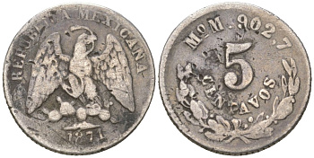 Мексика 5 сентаво 1871 KM 398 серебро 4136-131