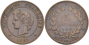 ФРАНЦИЯ 5 САНТИМОВ 1897 А, ТРЕТЬЯ РЕСПУБЛИКА (1871-1940) KM 821.1, LE FRANC 118.41 бронза 4395-614