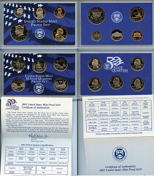 США официальный набор из 10 монет, в 2 пластиковых сетах 2003 годовой набор и юбилейные монет 25 центов, в оригинальной коробке, сертификат KM PS 209   PROOF  8-2-04-33