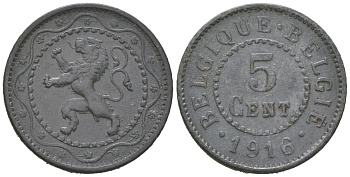 Бельгия 5 сантимов 1916 Belgique-Belgie, германская оккупация, I-ая мировая война KM 80 цинк 201-651