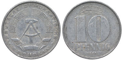 ГДР 10 пфеннигов 1968 A KM 10 алюминий 62-746
