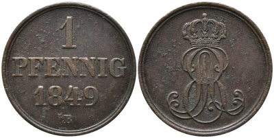 Ганновер 1 пфенниг 1849 B, Эрнст Август (1837-1851) KM 201.1, AKS 129, J. 74 медь 4448-1026