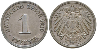 ГЕРМАНИЯ 1 ПФЕННИГ 1910 A KM 10, Jager. 10, Weege 2 медь 4528-1261