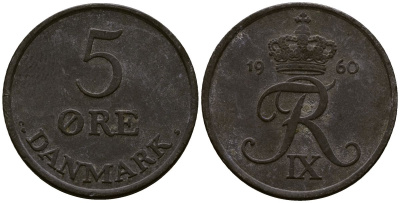 Дания 5 эре 1960 C; S, Фредерик IX (1947-1972) KM 843.2 цинк 4165-933