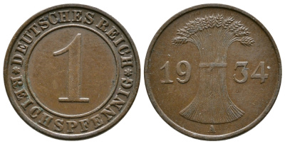 ГЕРМАНИЯ 1 РЕЙХСПФЕННИГ 1934 A KM 37, J. 313 бронза 4380-1246