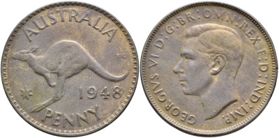 АВСТРАЛИЯ 1 ПЕННИ 1948 m, ГЕОРГ VI (1936-1952), КЕНГУРУ KM 41 бронза 4394-1011