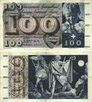 Швейцария 100 франков 1970 5 января 1970, серия 72 R, подпись 43 Pick 49 l бумага 8606-27-1-1