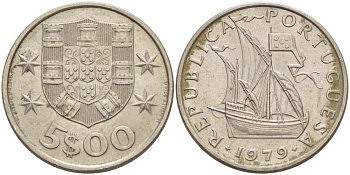 ПОРТУГАЛИЯ 5 ЭСКУДО 1979 ПАРУСНИК KM 591 медно-никель XF 4513-1051