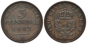 ПРУССИЯ 3 ПФЕННИГА 1867 А, ВИЛЬГЕЛЬМ I (1861-1888) KM 482 медь 186-614