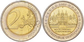 ФРГ 2 евро 2007 G, серия федеральные земли, Мекленбург-Передняя Померания, Шверинский замок KM 260 биметалл UNC 4111-743
