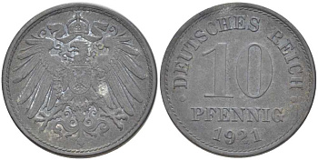 ГЕРМАНИЯ 10 ПФЕННИГОВ 1921 (1917-1922) KM 26, J. 299, Weege 8 цинк 210-316