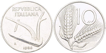 ИТАЛИЯ 10 ЛИР 1986 R, КОЛОСЬЯ, ПЛУГ KM 93 алюминий 4519-223