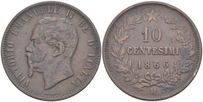 ИТАЛИЯ 10 ЧЕНТЕЗИМО 1866 M, МОНДВОР МИЛАН, ВИКТОР ЭММАНУИЛ II (1861-1878) KM 11.1 медь 4526-812