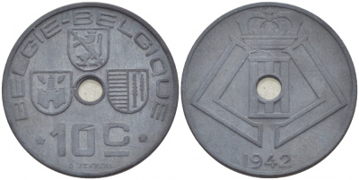 БЕЛЬГИЯ 10 САНТИМОВ 1942 BELGIE-BELGIQUE, ГЕРМАНСКАЯ ОККУПАЦИЯ, ВТОРАЯ МИРОВАЯ ВОЙНА KM 126 цинк 113-1051