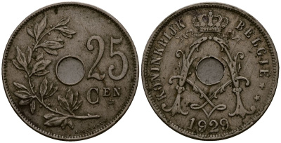 Бельгия 25 сантимов 1929 Belgie KM 69 медно-никель 4403-725