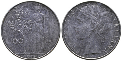 ИТАЛИЯ 100 ЛИР 1977 R , АФИНА KM 96.1 нержавеющая сталь 3334-941