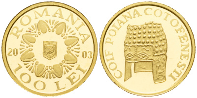 Румыния 100 леев 2003 золотой шлем Пояны Коцофенешти KM 198 золото PROOF 00-819-70