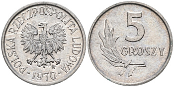 Польша 5 грошей 1970 MW  KM A46, Parchimowicz 204j алюминий UNC 4564-1045