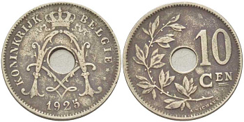 БЕЛЬГИЯ 10 САНТИМОВ 1925 BELGIE KM 86 медно-никель 212-937
